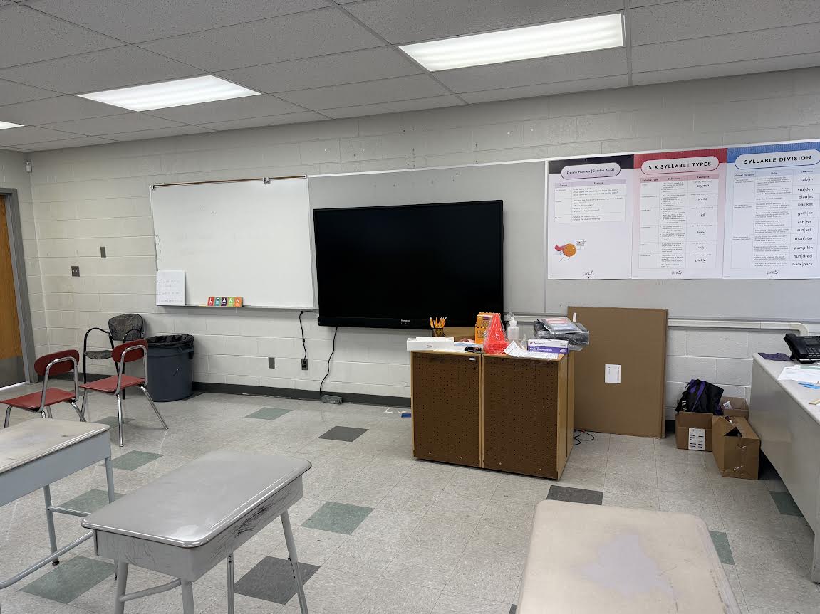Interactive flat-panel display mounted in a classroom or training room with a whiteboard nearby